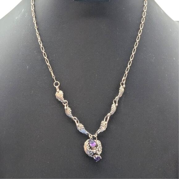 Vintage 925 Sterling Silver Purple Gemstone Leaf Flower Design 20" Necklace - Picture 14 of 15